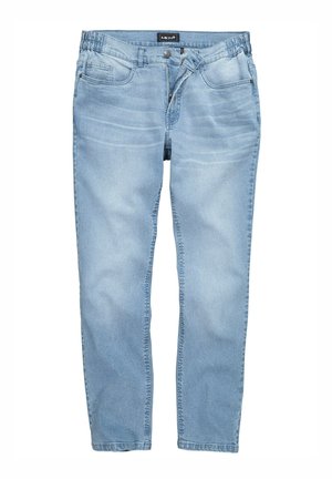 Jean en denim bleu clair avec une coupe décontractée, doté d'une taille élastique, de cinq poches et d'un léger délavage pour un look décontracté.