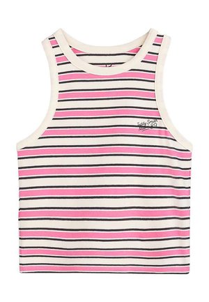 Débardeur sans manches à rayures horizontales roses, blanches et noires avec un petit logo « Teddy Smith » sur le haut côté gauche de la poitrine.