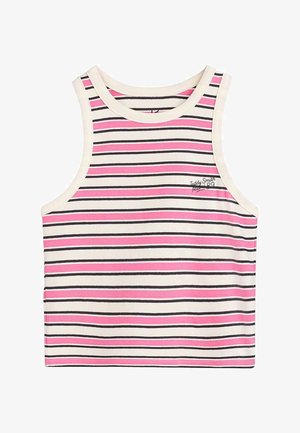 Débardeur sans manches à rayures horizontales roses, blanches et noires avec un petit logo « Teddy Smith » sur le haut côté gauche de la poitrine.