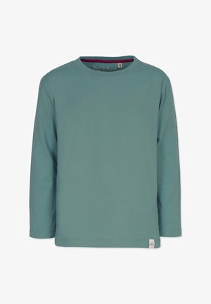 Langärmliges T-Shirt mit Rundhalsausschnitt in einem sanften Teal-Farbton. Aus Baumwolle gefertigt, mit einem kleinen Logo-Tag in der unteren Ecke. Glatte Textur.