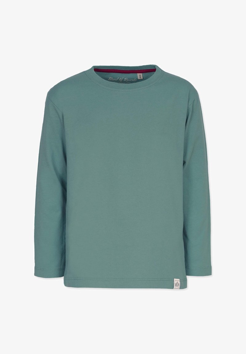 Langærmet T-shirt med rund hals i en blød teal-farve. Fremstillet af bomuld med et lille logo-tag i bunden af hjørnet. Glat tekstur.