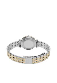 Sølv- og guld rustfrit stål ur med et glat rundt urkasse, kædearmbånd og en lukning med Fossil-logoet på remmen.