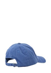 Blue cotton cap with a curved brim, adjustable strap at the back, and small ventilation eyelets on the sides. Smooth texture.