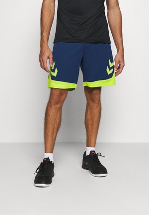 Blå sportshorts med gröna detaljer och geometriska mönster, kombinerade med svarta skor och vita strumpor. Tyget verkar lätt och ventilerande.