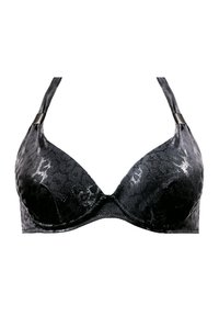 Czarny stanik z błyszczącym, fakturowanym wzorem w panterkę. Posiada wyprofilowane miseczki, regulowane ramiączka oraz metalowe akcenty na ramiączkach.