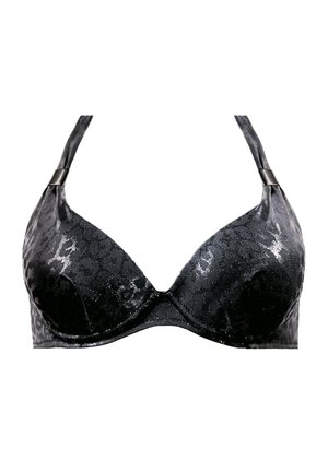 Czarny stanik z błyszczącym, fakturowanym wzorem w panterkę. Posiada wyprofilowane miseczki, regulowane ramiączka oraz metalowe akcenty na ramiączkach.