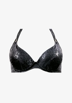 Czarny stanik z błyszczącym, fakturowanym wzorem w panterkę. Posiada wyprofilowane miseczki, regulowane ramiączka oraz metalowe akcenty na ramiączkach.