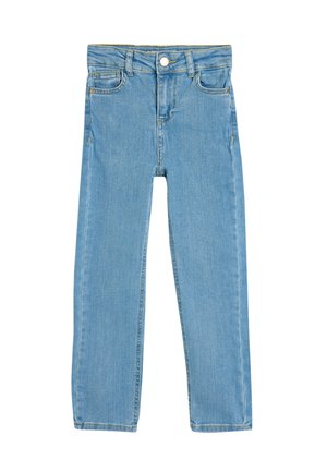 Jeans de mezclilla de color azul claro con un diseño de pierna recta, cinco bolsillos, cierre de botón metálico y acentos de costura amarilla.