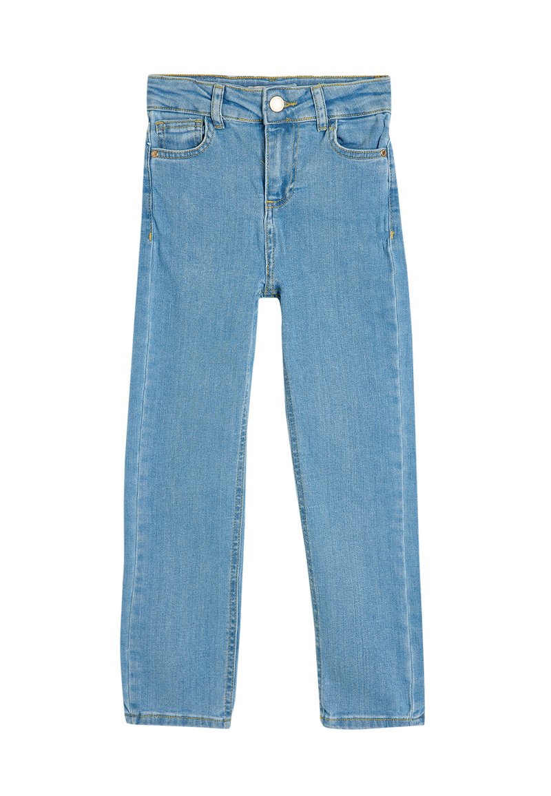Jeans de mezclilla de color azul claro con un diseño de pierna recta, cinco bolsillos, cierre de botón metálico y acentos de costura amarilla.