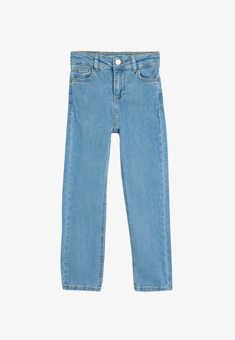 Jeans de mezclilla de color azul claro con un diseño de pierna recta, cinco bolsillos, cierre de botón metálico y acentos de costura amarilla.