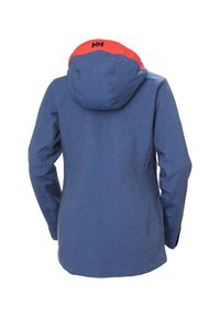 Blaue wasserdichte Jacke mit einer kontrastierenden roten Kapuze. Verfügt über einen strukturierten Stoff, eine verstellbare Kapuze und ein Logodetail auf der Rückseite.