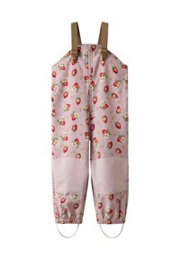 Combinaisons imperméables roses avec un motif de fraises et de fleurs. Bretelles réglables marron, poignets élastiques et genoux renforcés.