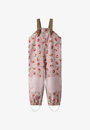 Rosa vanntette overaller med et mønster av jordbær og blomster. Justerbare brune stropper, elastiske mansjetter og forsterkede knelapper.