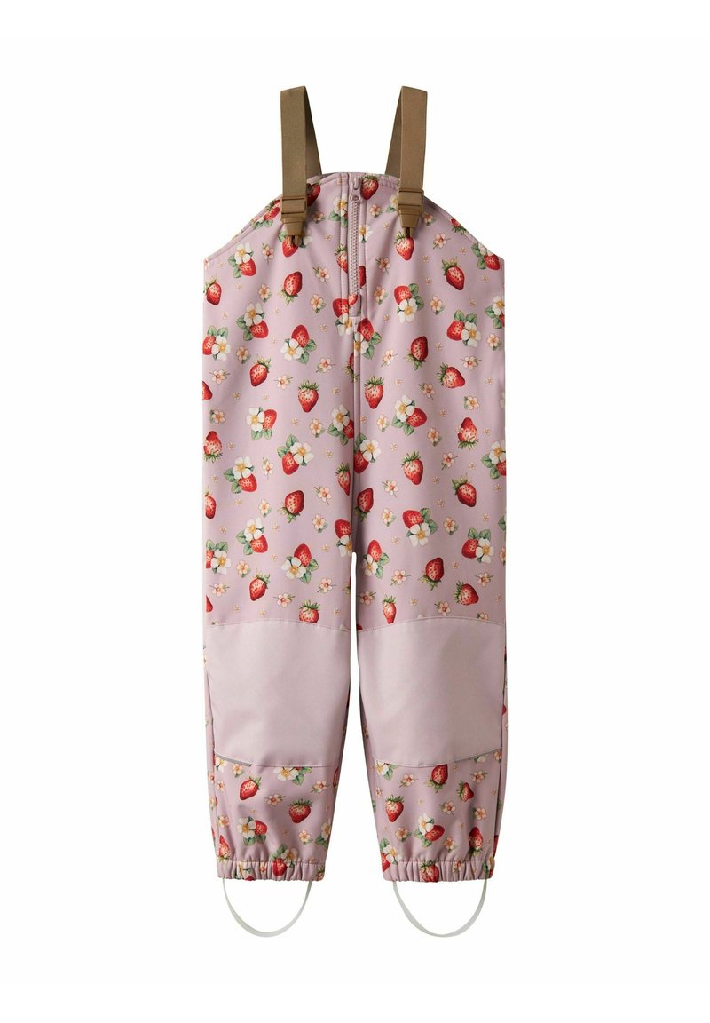 Combinaisons imperméables roses avec un motif de fraises et de fleurs. Bretelles réglables marron, poignets élastiques et genoux renforcés.