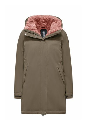 Olijfgroene parka jas met een roze fluffy voering, ritssluiting, twee zijzakken en een capuchon. Gladde buitenstof, middenlange ontwerp.