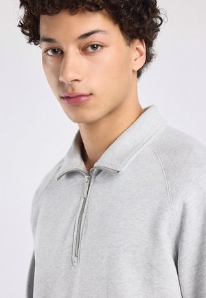 Young person with curly dark hair wearing a light grey quarter-zip sweatshirt, facing forward with a neutral expression.
