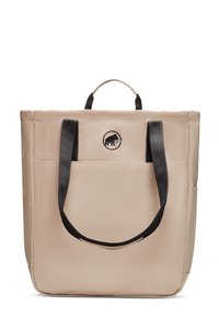 Sac fourre-tout beige en tissu avec une finition mate. Doté de poignées noires et d'un logo d'éléphant à l'avant. Comprend une poche extérieure.