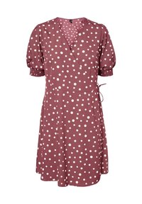 Kurzes mauvefarbenes Wickelkleid mit weißen Punkten, Puffärmel, elastischen Manschetten und seitlichem Bindegürtel.