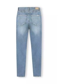 Jasnoniebieskie dżinsy o prostym kroju nogawki, z dwiema tylnymi kieszeniami i delikatnym wyblowieniem. Materiał ma gładką fakturę.