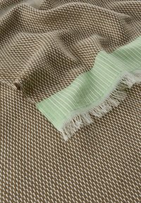 Textile tissé en brun et blanc avec un accent rayé vert. Présente des bords frangés et un motif texturé, créant un effet superposé.