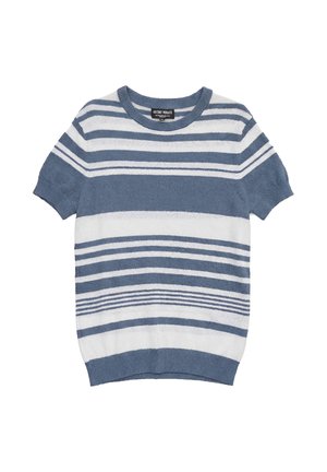 Pull en maille à manches courtes et col rond, avec des rayures horizontales bleues et blanches, tissu texturé, ourlet et poignets côtelés.