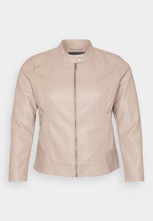 Μπεζ δερμάτινο μπουφάν με στρογγυλή κολάρα, μπροστινή κλείσιμο με φερμουάρ, πλάγιες τσέπες και λεία υφή. Κατάλληλη εφαρμογή και μινιμαλιστικός σχεδιασμός.