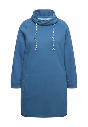 Sininen puseromekko, jossa on kauluspanta, säädettävät nyörit ja kultaiset yksityiskohdat. Tehty pehmeästä materiaalista, pitkähihaisista hihoista ja sivutaskuista.