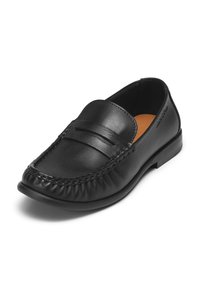 Black leather loafer with stitching detail, rounded toe, and a smooth finish. Features a penny slot and a flat rubber sole.
