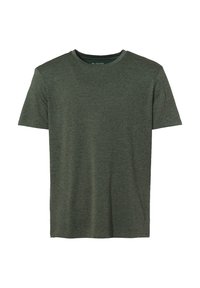 T-shirt verde a maniche corte in tessuto testurizzato, con scollatura rotonda e una vestibilità leggermente rilassata.
