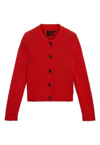 Röd stickad kofta med långa ärmar, ribbade muddar och fåll, samt fem svarta knappar framtill.