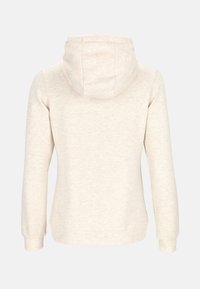 Light cream hoodie with a textured finish, featuring a drawstring hood, long sleeves, and ribbed cuffs for a snug fit.
