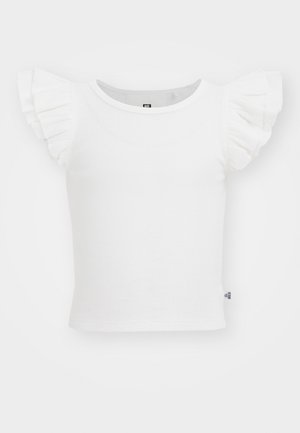 Valkoinen lyhythihainen paita, jossa on röyhelöhihat, ribbikuvio ja pyöreä pääntie. Helma on suora ja yksinkertainen, ja sivussa on hillitty bränditunnus.