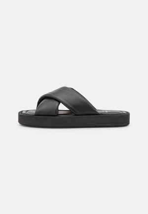 Black leather slide sandals with a cross-strap design, flat rubber sole, and smooth texture, suitable for casual wear.