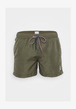 Pantaloni da bagno verde oliva realizzati in materiale leggero, con un elastico in vita e un cordoncino multicolore, oltre a una toppa con logo laterale.