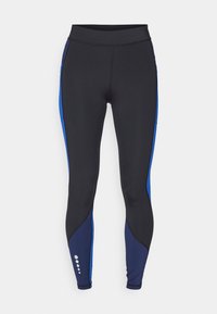 Czarne legginsy sportowe z niebieskimi paskami po bokach, gładka faktura, wysoki stan i kontrastowe okrągłe wzory blisko kostki.