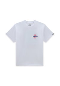 T-shirt bianco in cotone con un piccolo logo Vans blu e rosso e una grafica circolare sul lato sinistro del petto. Collo a giro standard e maniche corte.