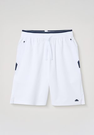 Baltos sportinės kelnaitės su tamsiai mėlynu juosmens diržu ir užtrauktukais kišenėse, turinčios raištelį ir mažą tamsiai mėlyną logotipą ant kojos.