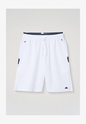 Baltos sportinės kelnaitės su tamsiai mėlynu juosmens diržu ir užtrauktukais kišenėse, turinčios raištelį ir mažą tamsiai mėlyną logotipą ant kojos.