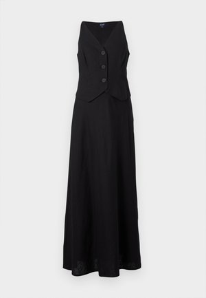Svart, ermeløs maxikjole med en knapper vest-stil topp og en utsvakt skjørt, vist på en hvit bakgrunn.