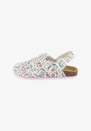 Clogs with white base, colorful printed patterns of various craft tools, adjustable straps, cushioned footbed, and textured rubber sole.