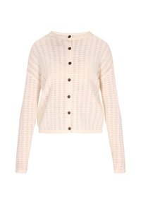 Licht crèmekleurige gebreide cardigan met lange mouwen, voorzien van een subtiel chevronpatroon en een rij van zeven donkere knopen aan de voorkant.
