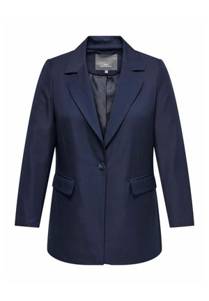 Mørkeblå blazer med spids krave, enkelt knaplukning, to forlommer og en glat inderside. Skræddersyet pasform med lange ærmer.