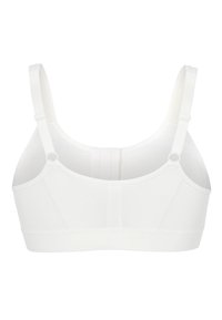 Vit bralette i texturerad tyg med justerbara axelremmar, med sömlös design och elastisk band för stöd.