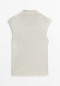 Light beige knitted sleeveless top with a high round neck, laid flat on a white background.