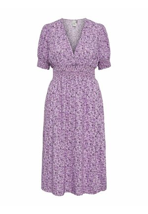 Paarse midi-jurk met bloemenprint, V-hals, pofmouwen en een geplooide taille.