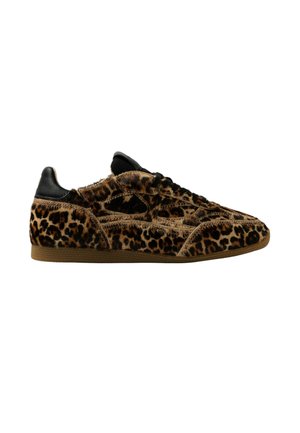Low-top sneaker with leopard print fur, black laces, and a textured brown sole, shown in side view on a white background.