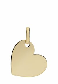 Gouden hartvormige hanger met een gladde, gepolijste oppervlakte en een klein lusje aan de bovenkant voor bevestiging.