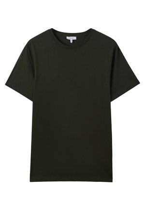 Tmavě olivově zelené tričko s krátkým rukávem a kulatým výstřihem, jednoduchý design, vyrobené z hladké látky, s malou bílou značkovou cedulkou uvnitř límce.