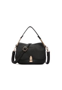 Borsa a tracolla in pelle nera con una finitura testurizzata, forma curva, accenti in oro, tracolla regolabile e chiusura a fibbia.