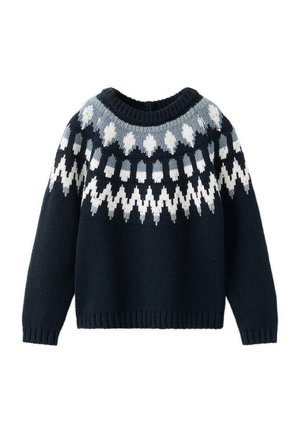 Pull en maille bleu marine avec un col rond et un empiècement à motifs en bleu clair et blanc à designs géométriques ; poignets et ourlet côtelés.